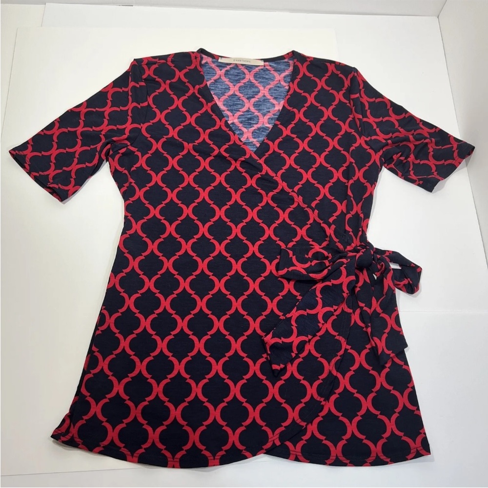 41 Hawthorn Women’s Size Medium Navy Blue & Red 3/4 Sleeve Faux Wrap Blouse